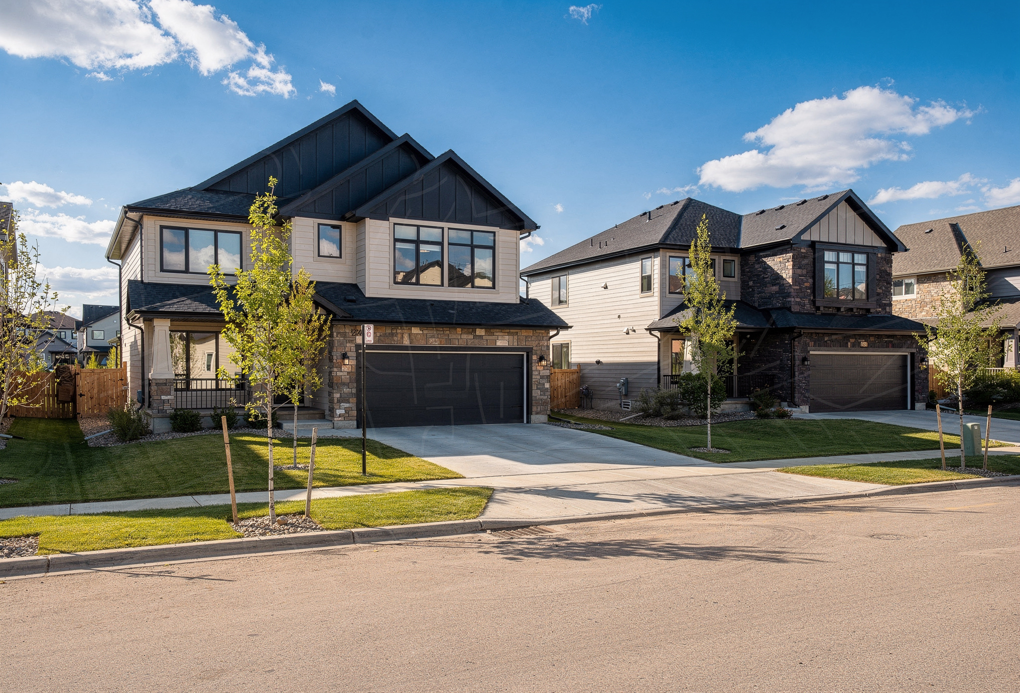 Modern detached new-build homes on a Calgary suburban street under blue sky