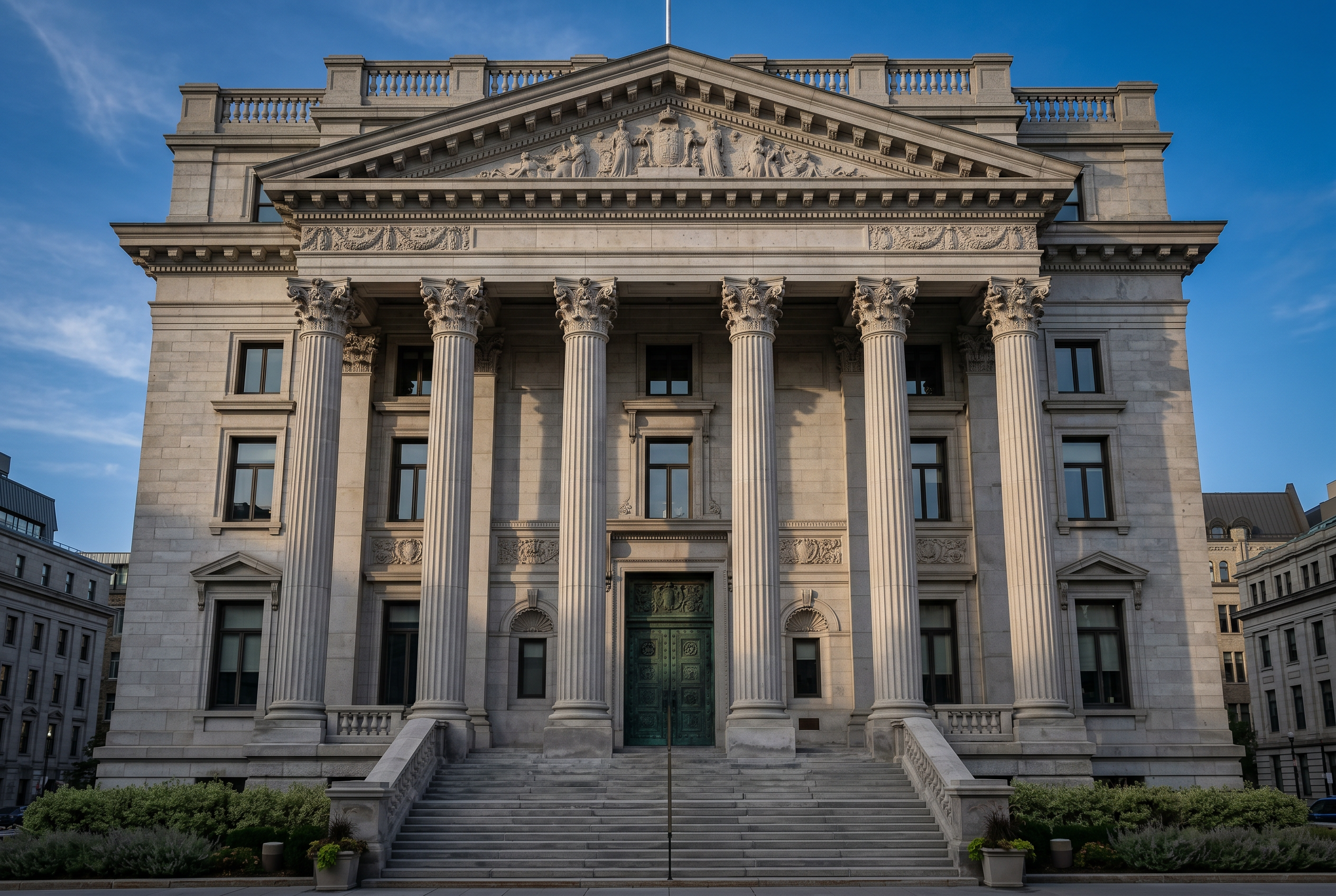 Neoclassical Canadian central bank building facade with stone columns