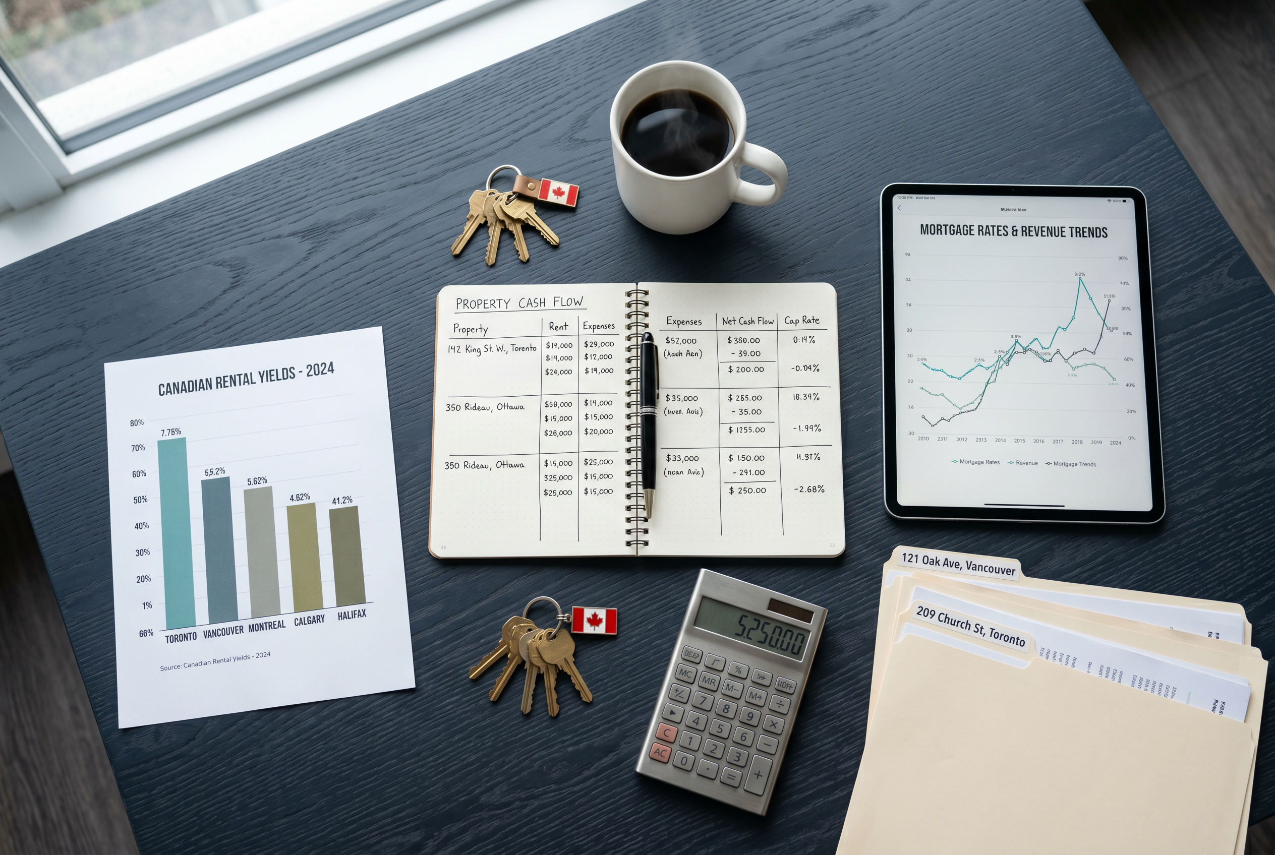 Top-down view of a property investment workspace with notebook, charts and calculator