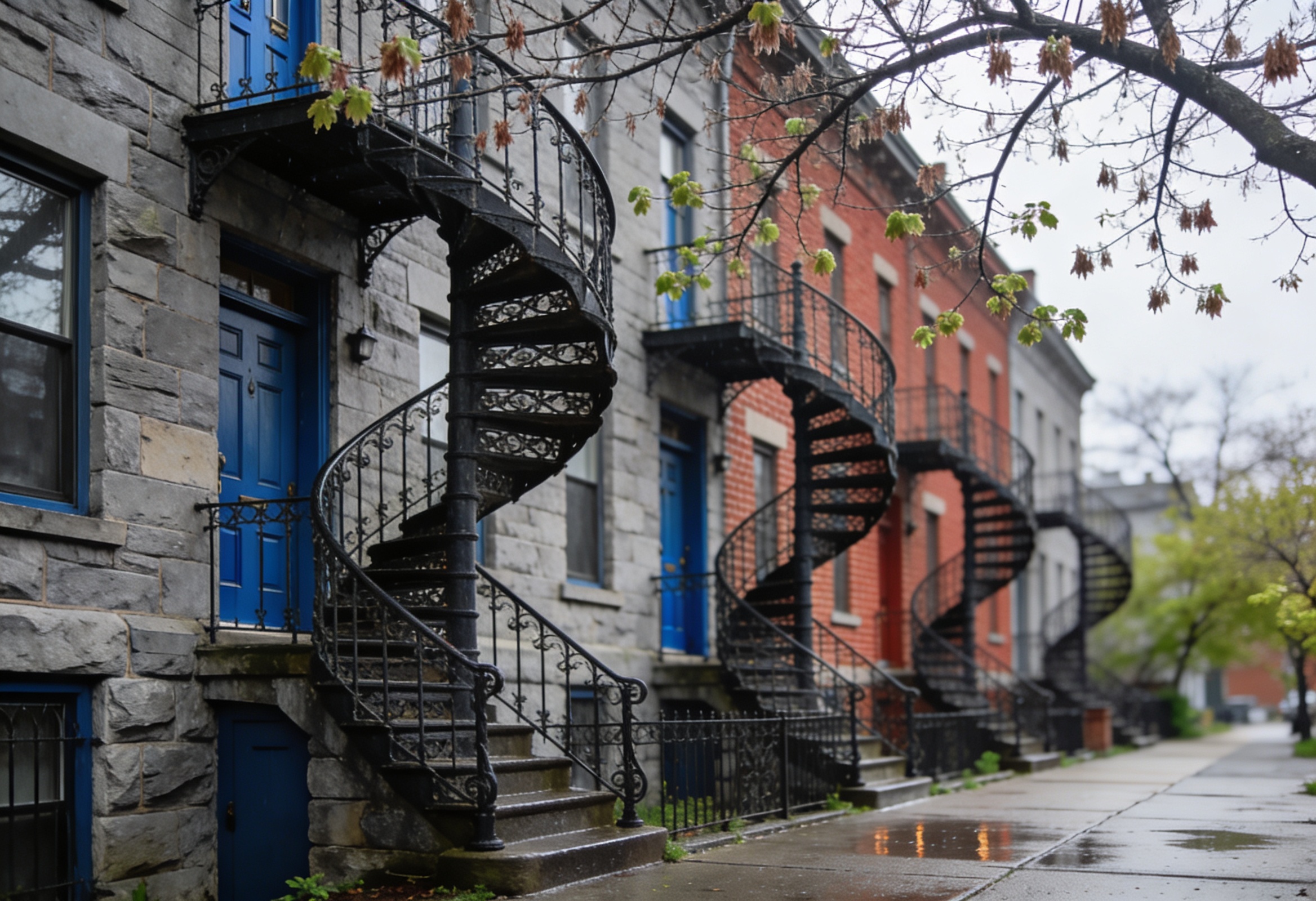 Montreal Plateau triplexes with iconic exterior spiral staircases in spring