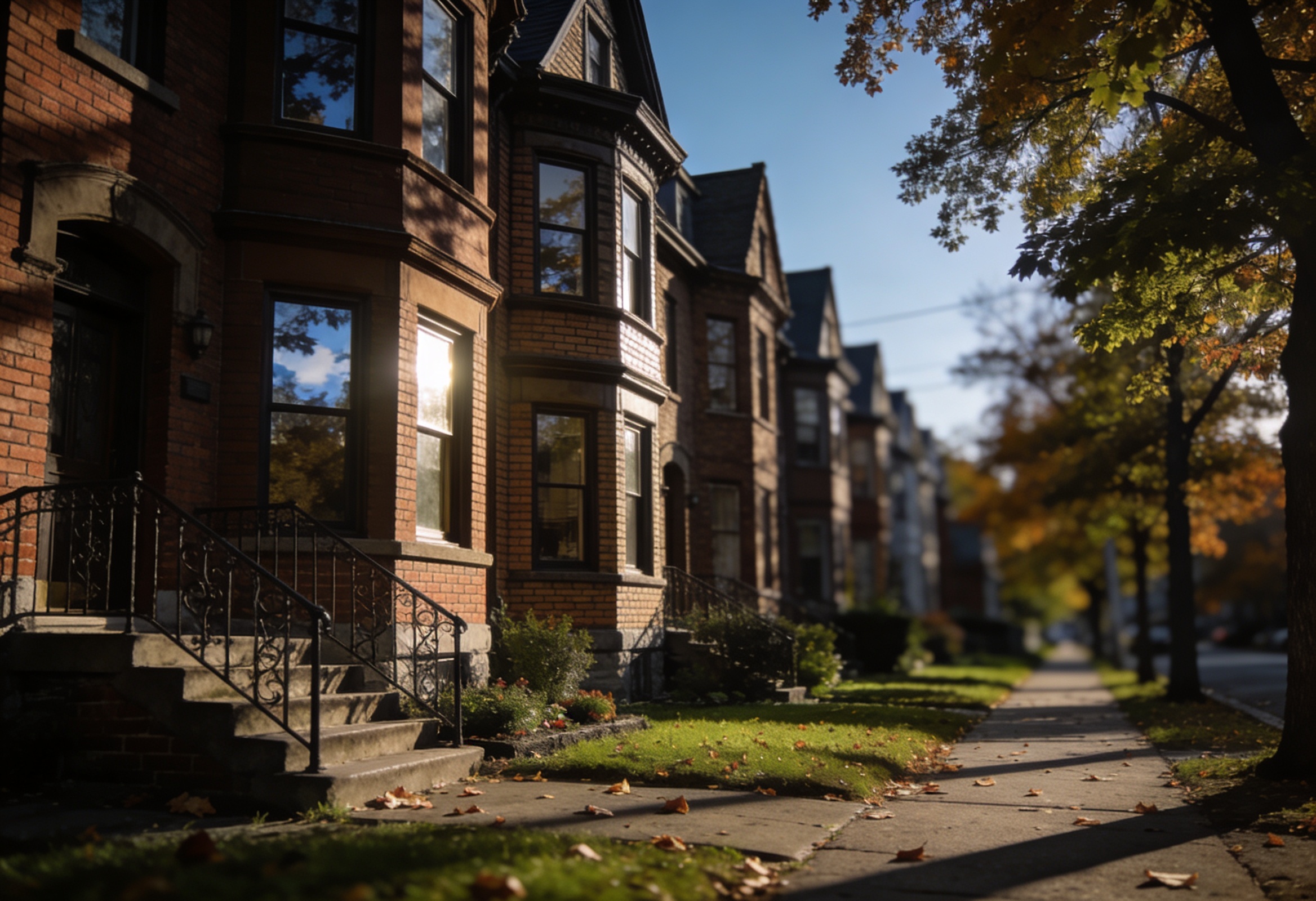 Row of brick townhouses on a tree-lined Toronto residential street in autumn