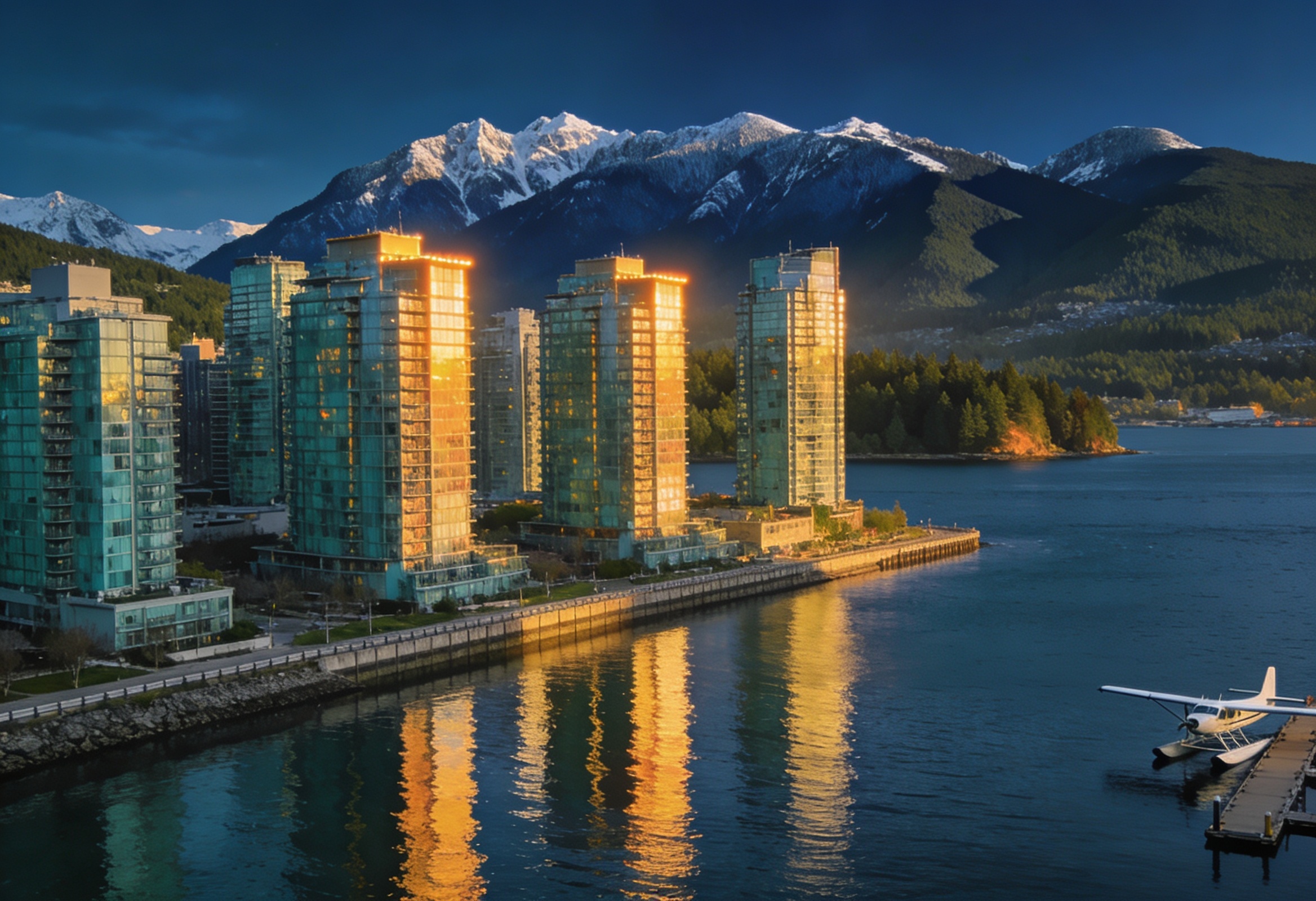 Vancouver waterfront condo towers at sunset with North Shore mountains behind